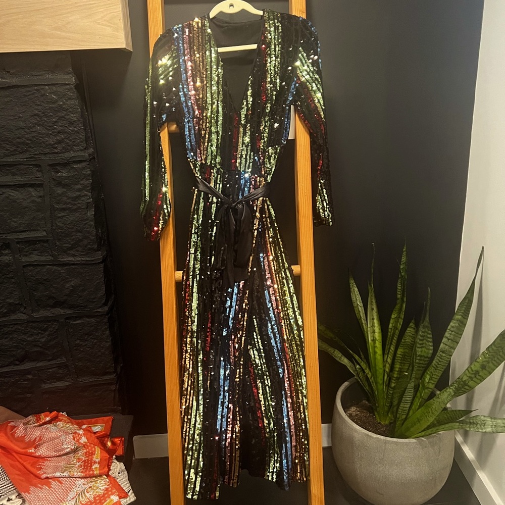 Black Sequin Wrap Maxi Dress with Multicolor Stripes